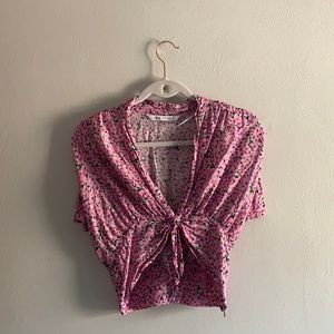 ZARA floral crop top v-neck tie front pink